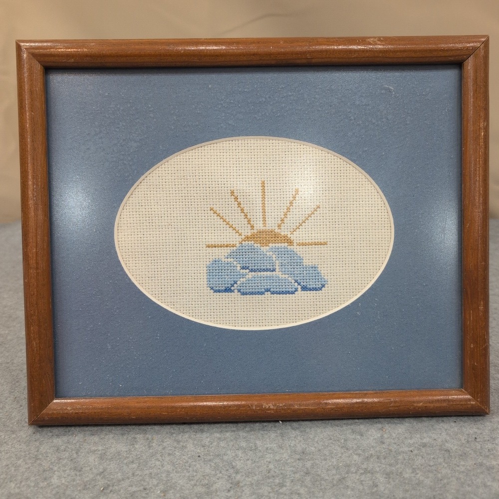 Vintage Cross Stitch Framed Art Sun and Clouds Needlepoint Blue Wood Frame - Picture 1 of 6